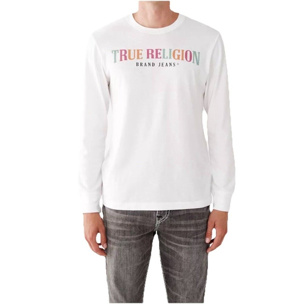 True Religion Men’s Beige Long Sleeve Cotton Graphic Logo Horseshoe Tee Sz L